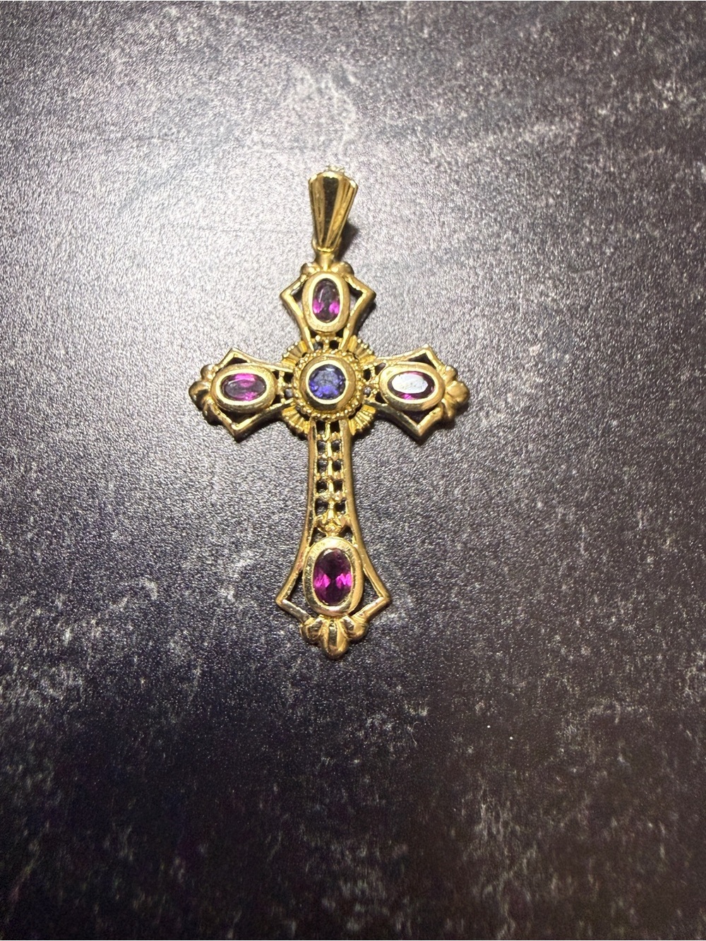 14K Yellow Gold Byzantine Cross Pendant Violet Purple Lavender Spinel Gems 3.6G